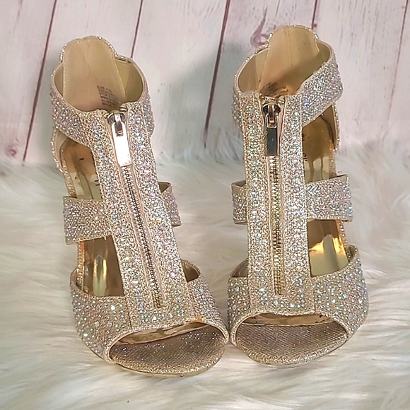 Rhinestone Bling Metallic Gold Heel Vegas Sparkly Stiletto Open Toe Heels Sz 7 - Picture 4 of 17